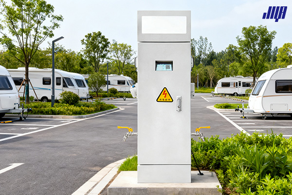 極亞智能房車營地水電樁實拍，多車同時供水供電設備場景