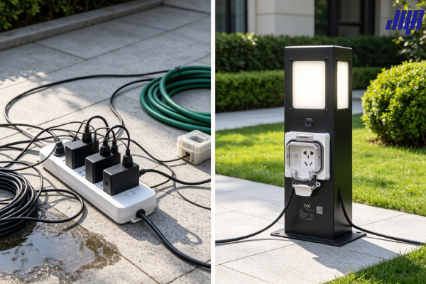 別墅庭院傳統(tǒng)臨時(shí)水電與專用戶外水電樁對比示意圖
